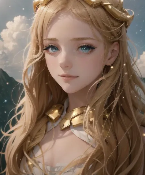 1girl, constellation, (1girl, solo:1.2), eyeliner, eyelashes, looking at viewer, (shiny pores skin:0.16), (pale skin:0.33), (body blush:0.38), eyes beautiful, anime , realistic, masterpiece, best quality, movie still, cloud girl, floating in the sky, (close-up:1.1), bright, happy, fun, soft lighting