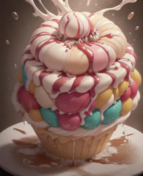 a ice cream, cake, liquid made of liquid splashes, merging, melting, splashing, droplets, mixing, fading away, exploding, swirling, intricate detail, modelshoot style, dreamlikeart, dramatic lighting. 8k, highly detailed, trending artstation