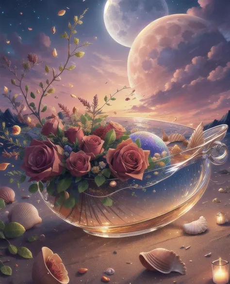 Splash, flowers roses , shells, fantasy, sky night , moon, photo, HD, 8K , realistic, HD, intricate, 8k, highly detailed,fun, sharp focus,