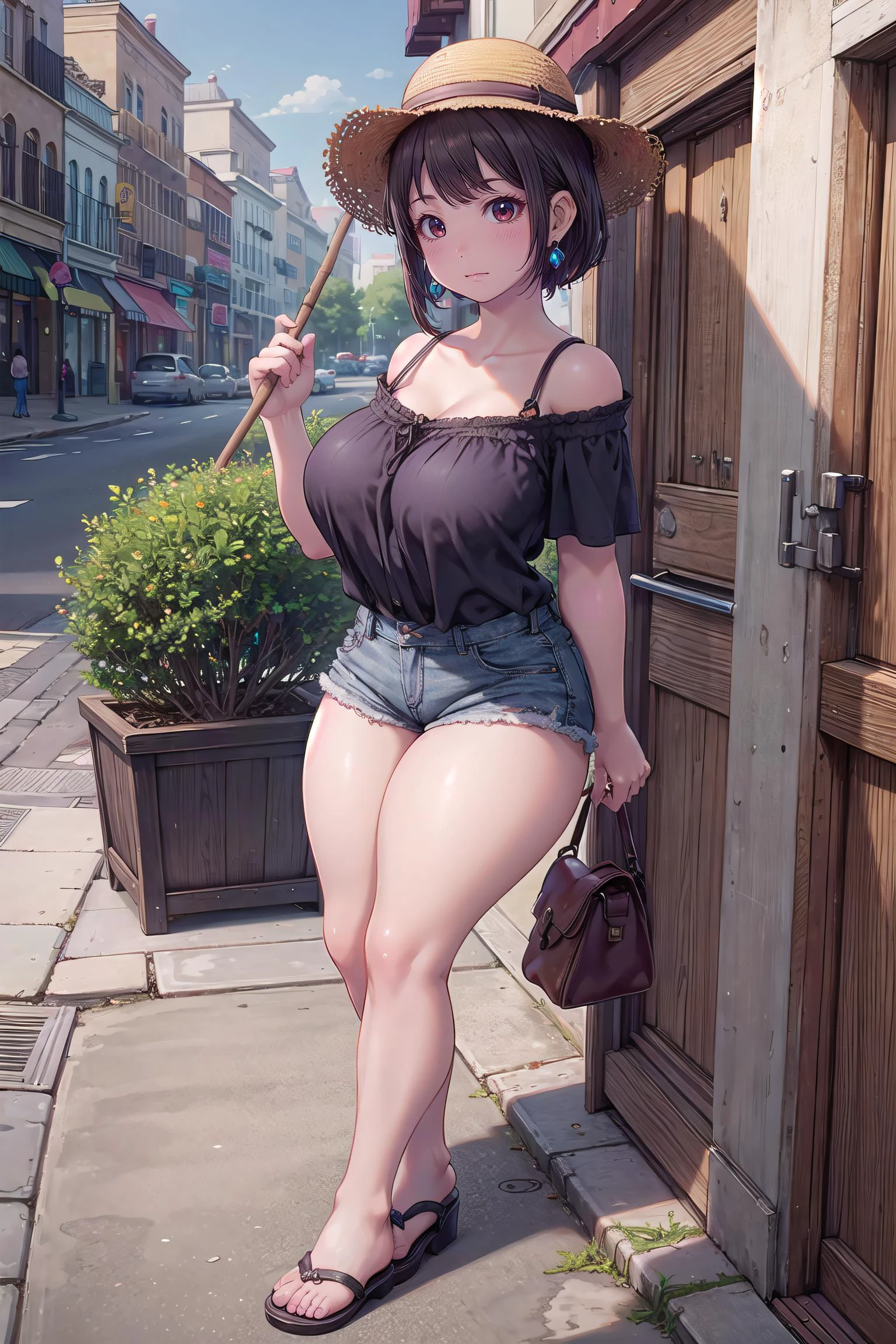 masterpiece, best quality,4girl,young girl, aqua eyes, auburn, blowout,surprised _face,shiny skin,large breasts,nice leg line:1.3,thick thighs, thin waist,, Tie-front_cropped_t-shirt, high-waisted_denim_shorts, black_platform_sandals, crossbody_bag, hoop_earrings, , Hidden_outdoor_garden,,looking at viewer,cowboy shot,dutch angle