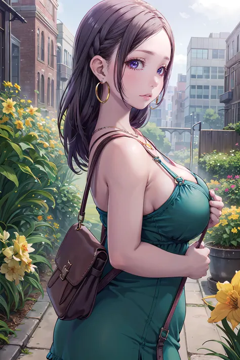 masterpiece, best quality,4girl,young girl, purple_daffodil eyes, brown, cornrows,pale _face,shiny skin,large breasts,, Unbalanced_wrap_dress, ankle_boots, layered_necklaces, hoop_earrings, crossbody_bag, , sensory_garden, looking at viewer,from side,upper body