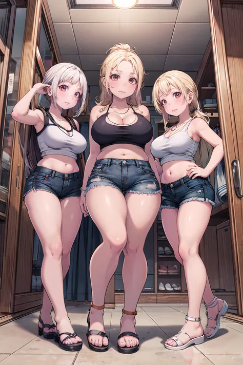 masterpiece, best quality,4girl,young girl, dark_orange eyes, platinum blonde, messy hair,scoffing _face,shiny skin,huge breasts,nice leg line:1.3,thick thighs, thin waist,, Cut-out_crop_top, denim_shorts, gladiator_sandals, pendant_necklace, bucket_bag, , Sneaker_shop,, looking at viewer,from below,full body