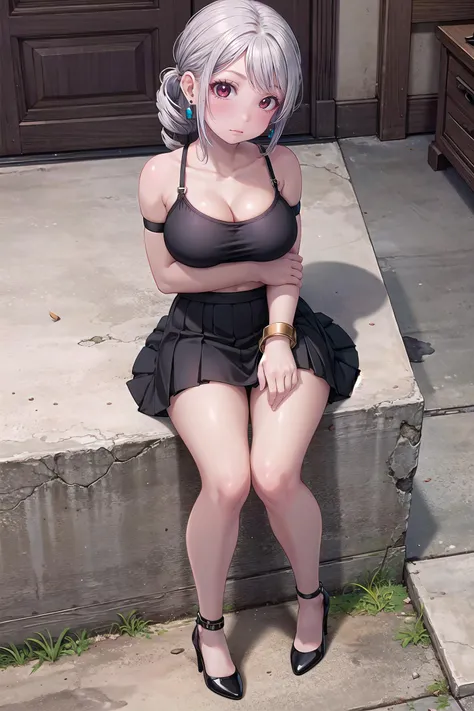 masterpiece, best quality,1girl,young girl, blush_red eyes, black, drill hair,scoffing _face,shiny skin,large breasts,, Sheer_black_crop_top, high-waisted_black_skirt, black_ankle-strap_heels, silver_cuff_bracelet, long_silver_earrings, , Protected_area_with_diverse_wildlife_and_natural_beauty, looking at viewer,from above:1.2,full body