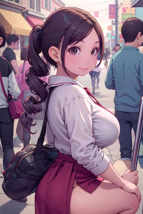 masterpiece, best quality,1girl,young girl,brown eyes,drill hair,happy smile,shiny skin,(nice leg line:1.3),thin waist,huge breasts,
BREAK
, museum,
BREAK
around crowd:1.1,depth of field,looking at viewer,from side,upper body