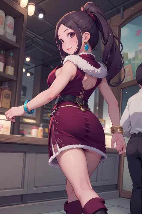 masterpiece, best quality,1girl,young girl,brown eyes,long hair,happy smile,shiny skin,(nice leg line:1.3),thin waist,huge breasts,
BREAK
, Burgundy_velvet_midi_dress, over-the-knee_boots, statement_earrings, fur_clutch, bracelet_set,
BREAK
around crowd:1.1,depth of field,looking at viewer,from behind,upper body