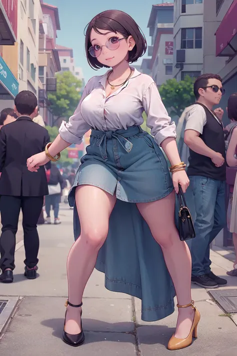 masterpiece, best quality,1girl,young girl,brown eyes,short hair,mesugaki smile,shiny skin,(nice leg line:1.3),thin waist,huge breasts,
BREAK
, Chambray_shirt_dress, nude_pumps, statement_necklace, cuff_bracelet, aviator_sunglasses,
BREAK
around crowd:1.1,depth of field,looking at viewer,from below,full body