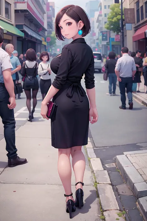 masterpiece, best quality,1girl,young girl,brown eyes,short hair,mesugaki smile,shiny skin,(nice leg line:1.3),thin waist,huge breasts,
BREAK
, Revealing_black_dress, nude_heels, statement_earrings, clutch_bag,
BREAK
around crowd:1.1,depth of field,looking at viewer,from behind,full body