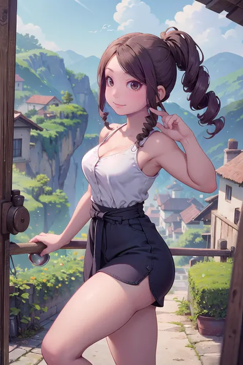 masterpiece, best quality,1girl,young girl,brown eyes,drill hair,evil smile,shiny skin,(nice leg line:1.3),thin waist,huge breasts,
BREAK
, Quaint_village_located_on_the_coast,
BREAK
around crowd:1.1,depth of field,looking at viewer,from side,upper body