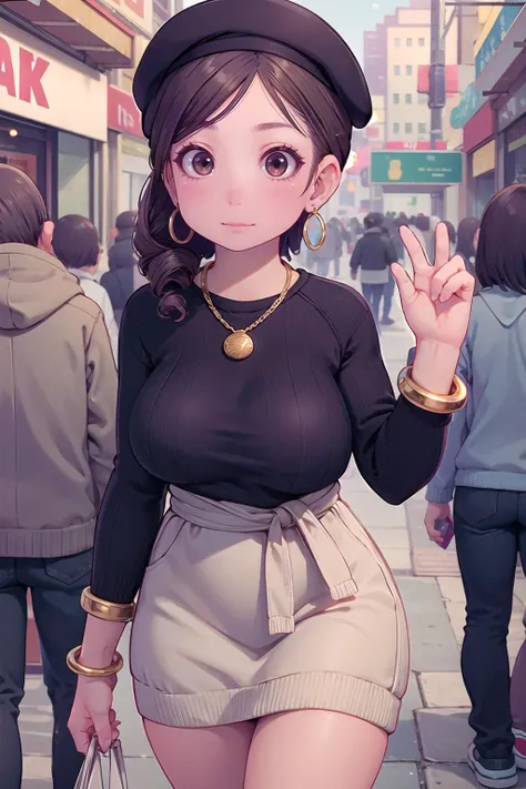 masterpiece, best quality,1girl,young girl,brown eyes,drill hair,mesugaki smile,shiny skin,(nice leg line:1.3),thin waist,huge breasts,
BREAK
, Knit_sweater_dress, knee-high_boots, gold_hoop_earrings, wool_beret, chain_bracelet,
BREAK
around crowd:1.1,depth of field,looking at viewer,from front,upper body