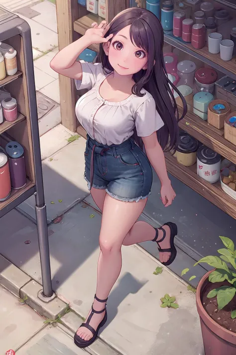 masterpiece, best quality,1girl,young girl,brown eyes,long hair,happy smile,shiny skin,(nice leg line:1.3),thin waist,huge breasts,
BREAK
, Craft_store,
BREAK
around crowd:1.1,depth of field,looking at viewer,from above,full body