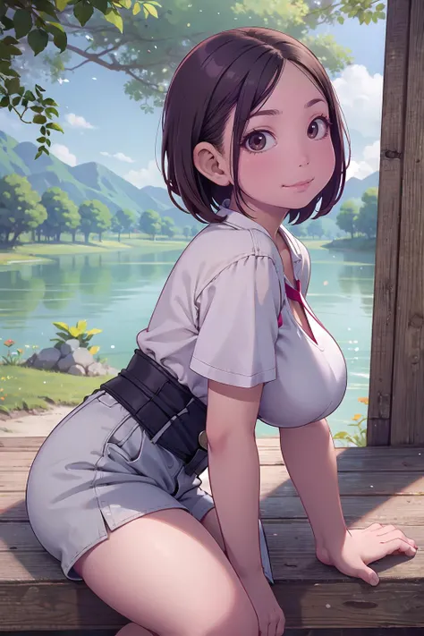 masterpiece, best quality,1girl,young girl,brown eyes,short hair,evil smile,shiny skin,(nice leg line:1.3),thin waist,huge breasts,
BREAK
, Park_with_a_lake_as_its_centerpiece,
BREAK
around crowd:1.1,depth of field,looking at viewer,from side,upper body
