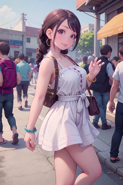 masterpiece, best quality,1girl,young girl,brown eyes,drill hair,happy smile,shiny skin,(nice leg line:1.3),thin waist,huge breasts,
BREAK
, White_eyelet_sundress, brown_platform_sandals, raffia_crossbody_bag, wooden_bead_bracelet, shell_hoop_earrings,
BREAK
around crowd:1.1,depth of field,looking at viewer,from side,upper body
