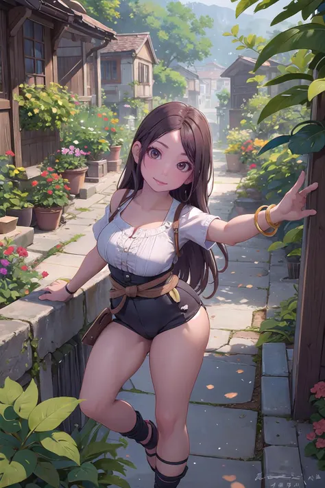masterpiece, best quality,1girl,young girl,brown eyes,long hair,evil smile,shiny skin,(nice leg line:1.3),thin waist,huge breasts,
BREAK
, Landscaped_garden_with_a_variety_of_plants_and_flowers,
BREAK
around crowd:1.1,depth of field,looking at viewer,from above,upper body