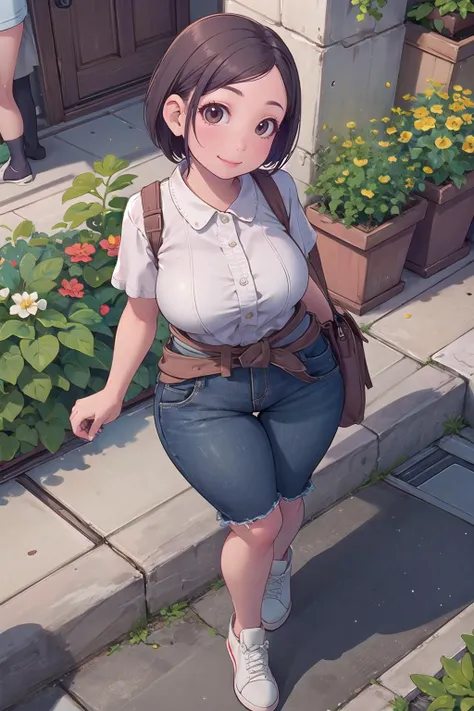 masterpiece, best quality,1girl,young girl,brown eyes,short hair,happy smile,shiny skin,(nice leg line:1.3),thin waist,huge breasts,
BREAK
, Elevated_outdoor_space_for_growing_and_exhibiting_plants,
BREAK
around crowd:1.1,depth of field,looking at viewer,from above,full body