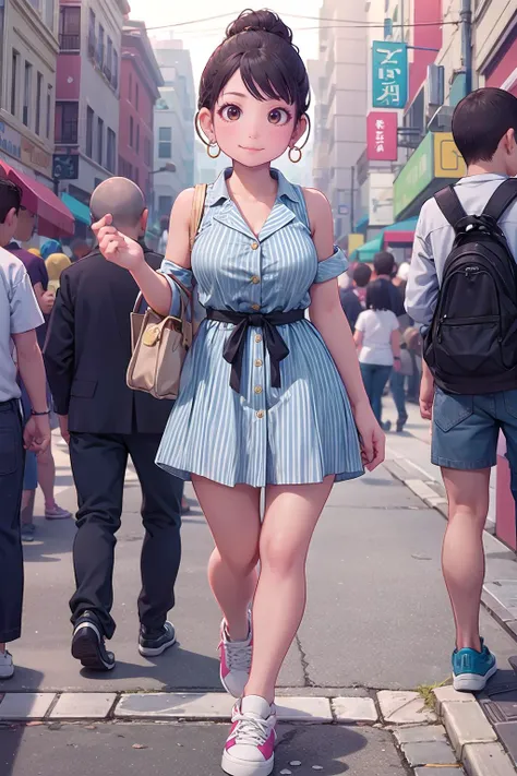 masterpiece, best quality,1girl,young girl,brown eyes,drill hair,evil smile,shiny skin,(nice leg line:1.3),thin waist,huge breasts,
BREAK
, Blue_and_white_striped_button-up_dress, white_sneakers, black_shoulder_bag, gold_hoop_earrings,
BREAK
around crowd:1.1,depth of field,looking at viewer,from below,full body