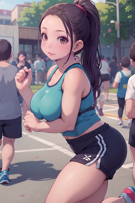 masterpiece, best quality,1girl,young girl,brown eyes,long hair,mesugaki smile,shiny skin,(nice leg line:1.3),thin waist,huge breasts,
BREAK
Running shorts, graphic tank top, sweatband, running shoes, and hydration belt
BREAK
around crowd:1.1,depth of field,looking at viewer,from side,upper body
