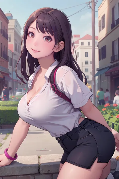 masterpiece, best quality,1girl,young girl,brown eyes,long hair,happy smile,shiny skin,(nice leg line:1.3),thin waist,huge breasts,
BREAK
, sensory_garden,
BREAK
around crowd:1.1,depth of field,looking at viewer,from side,upper body