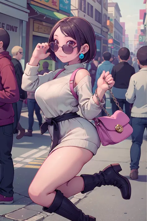 masterpiece, best quality,1girl,young girl,brown eyes,short hair,evil smile,shiny skin,(nice leg line:1.3),thin waist,huge breasts,
BREAK
, Sweater_dress, knee-high_boots, oversized_sunglasses, statement_earrings, quilted_chain_strap_bag,
BREAK
around crowd:1.1,depth of field,looking at viewer,from side,full body