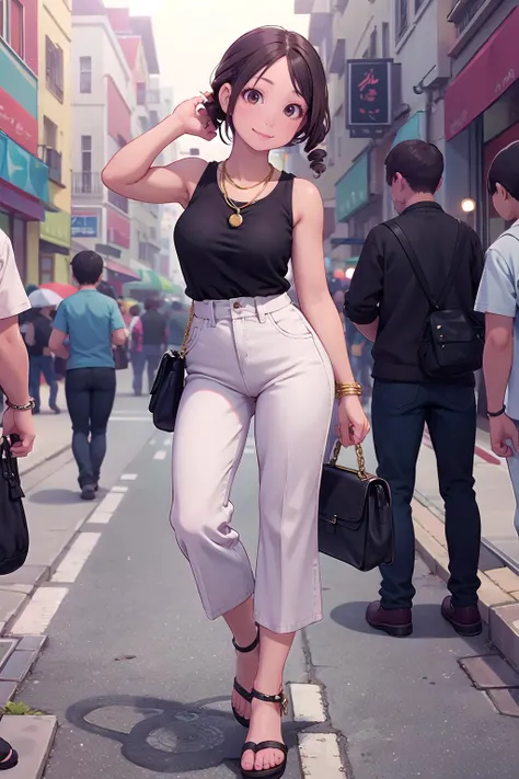 masterpiece, best quality,1girl,young girl,brown eyes,drill hair,happy smile,shiny skin,(nice leg line:1.3),thin waist,huge breasts,
BREAK
, Black_tank_top, white_wide-leg_linen_pants, black_sandals, black_shoulder_bag, gold_chain_necklace,
BREAK
around crowd:1.1,depth of field,looking at viewer,from front,upper body