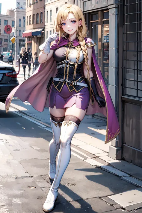 full body,smile, <lora:louiseV1:0.9>,def_louise,blonde hair, zettai ryouiki, gloves, thighhighs, boots, cape, thigh boots, elbow gloves,white footwear, shoulder armor,belt, skirt, asymmetrical gloves, short dress, breastplate, white gloves, dress,outdoors,(masterpiece, best quality, ultra-detailed, best shadow) ,