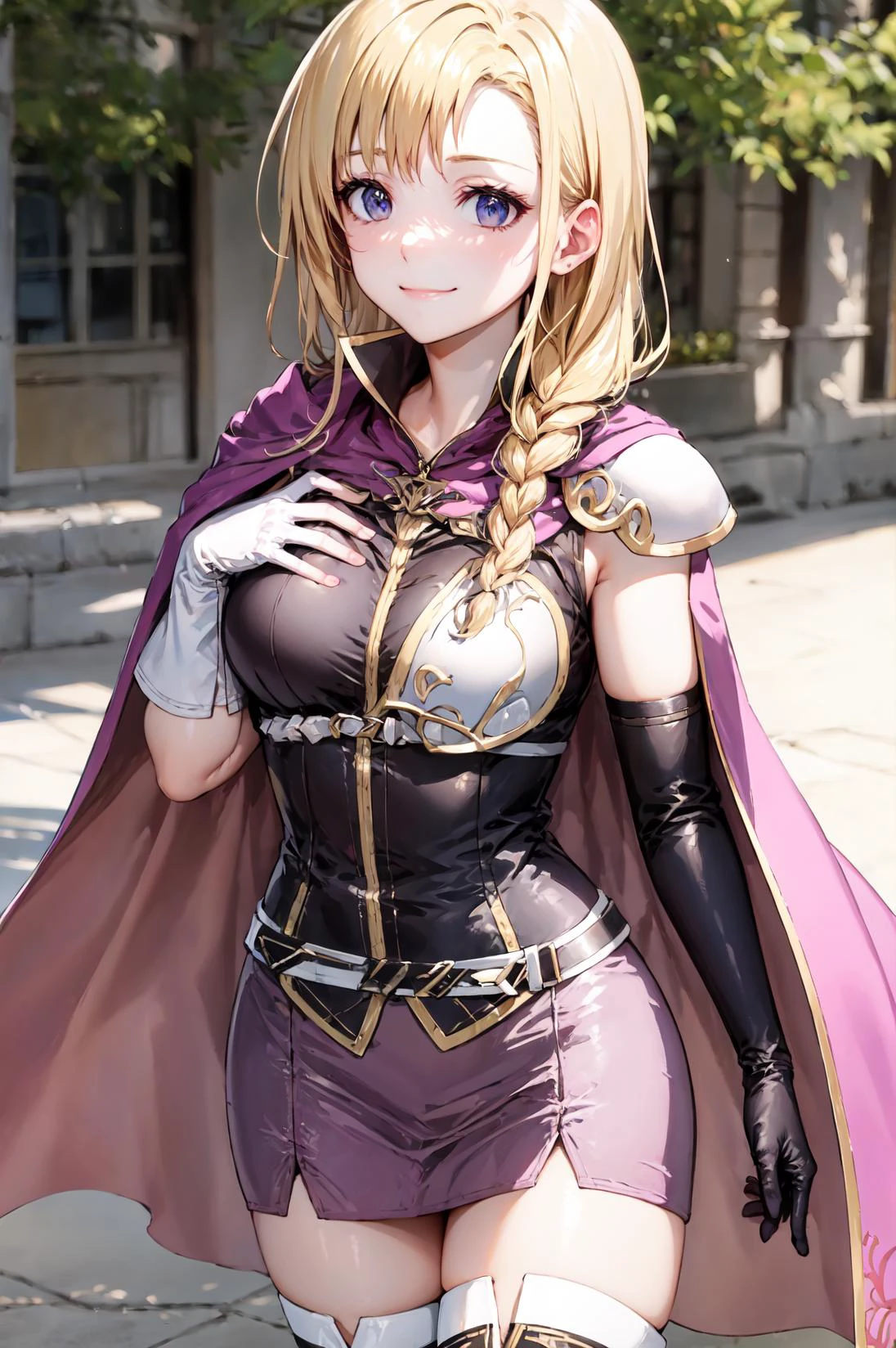 upper body,smile,closed mouth, <lora:louiseV1:0.9>,def_louise,blonde hair, zettai ryouiki, gloves, thighhighs, boots, cape, thigh boots, elbow gloves,white footwear, shoulder armor,belt, skirt, asymmetrical gloves, short dress, breastplate, white gloves, dress,hand on own chest,outdoors,(masterpiece, best quality, ultra-detailed, best shadow) ,