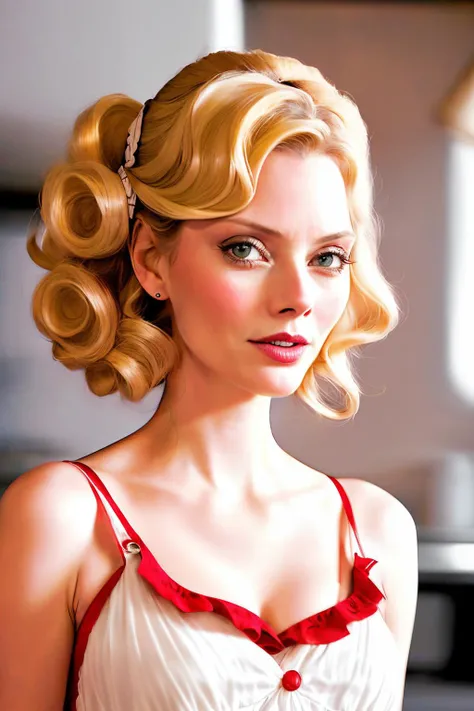 a photo of aprilBow1 wearing a milk maid dress, (red and white milk maid dress), (upright pin curl hairstyle), (blonde hair), (kitchen background), elegant, highly detailed. vibrant, photorealistic, realistic, sharp focus, 8k
