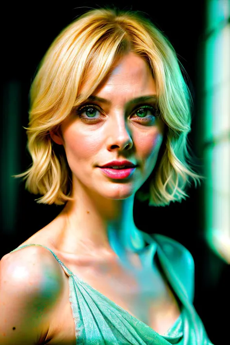 photoshoot of aprilBow1, (blonde hair), (pixie cut), , detailed skin texture, (blush:0.2), (goosebumps:0.3), (light blue dress), subsurface scattering, Photorealistic, Hyperrealistic, Hyperdetailed, analog style, hip cocked, demure, detailed skin, matte skin, soft lighting, subsurface scattering, realistic, heavy shadow, masterpiece, best quality, ultra realistic, 8k, golden ratio, Intricate, High Detail, film photography, soft focus