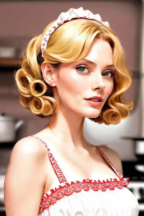a photo of aprilBow1 wearing a milk maid dress, (red and white milk maid dress), (upright pin curl hairstyle), (blonde hair), (kitchen background), elegant, highly detailed. vibrant, photorealistic, realistic, sharp focus, 8k