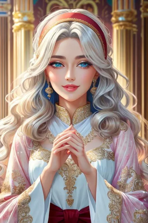 A beautiful young woman, 1girl, hourglass figure, seductive pose, printed design white kurta and pajma, silky white hair braid, heavy silver jhumka earrings, necklace, anklet, cleavage, detailed face with stunning magenta eyes, full lips, flawless makeup, dark cinematic lighting, dramatic photorealistic effect, masterpiece-level 8K rendering, ultra-detailed, realistic, photo-realistic, HDR, UHD, studio lighting, ultra-fine painting, sharp focus, physically-based rendering, extreme detail description, professional, vivid colors, bokeh, smiling, full body view, bangles