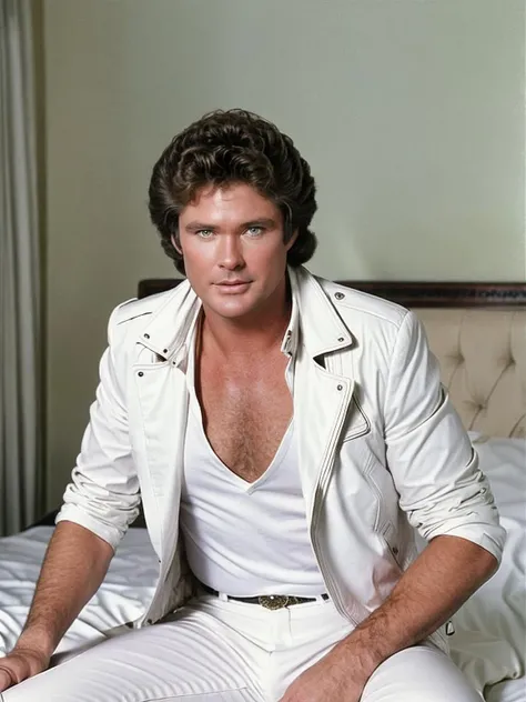 michaelknight portrait photo of a man wearing black leather jacket, white pants and white shirt, only fans, posing on the bed, romantic, high quality, high resolution, nice bokeh, professional photography <lora:hjmichaelknight_v10:0.8>