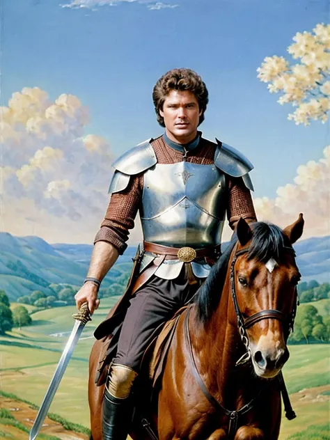 michaelknight portrait painting of a man knight holding a sword and riding a horse, high quality, high resolution, medieval painting <lora:hjmichaelknight_v10:0.8>