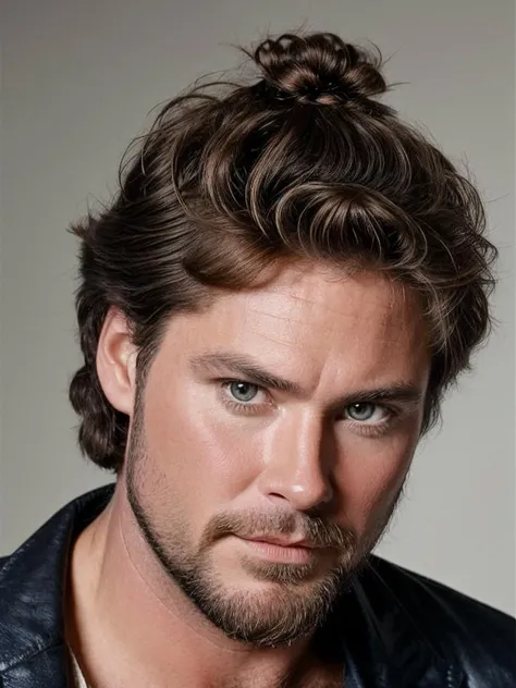michaelknight portrait photo of a man with a hipster beard and samurai bun haircut, high quality, high resolution, professional photography <lora:hjmichaelknight_v10:0.8>