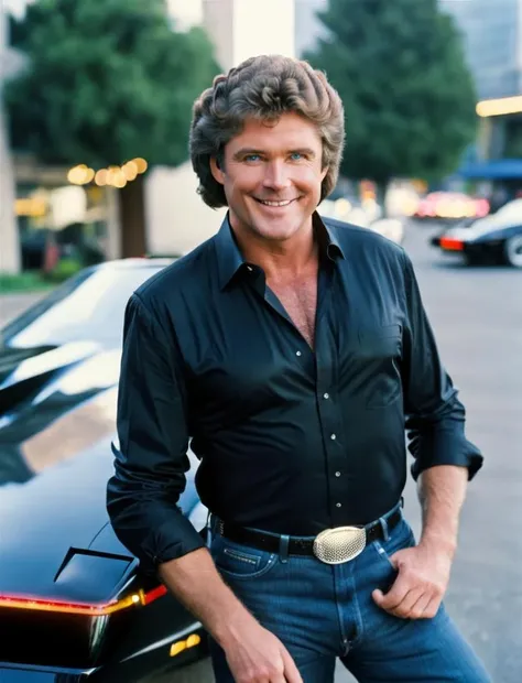 michaelknight portrait photo of a man smiling wide posing next to the kitt car, cyberpunk street in the background, high quality, high resolution, nice bokeh, professional photography <lora:hjmichaelknight_v10xl:0.8>