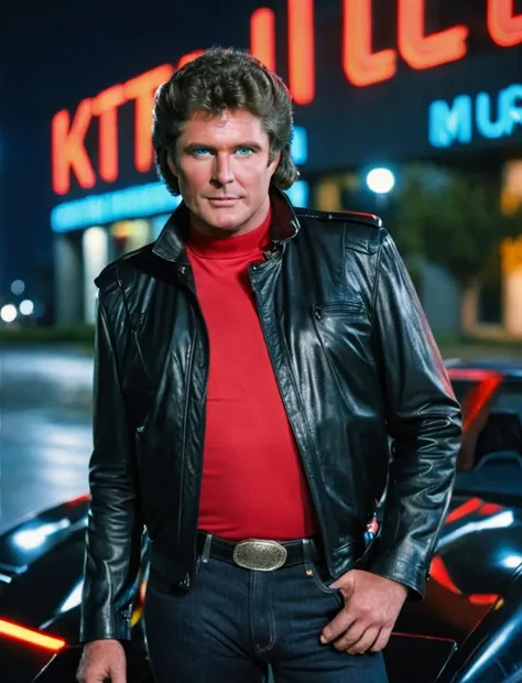 michaelknight portrait photo of a man wearing black leather jacket and red shirt kitt car on a dark cyberpunk street at night in the background, high quality, high resolution, nice bokeh, professional photography <lora:hjmichaelknight_v10xl:0.8>