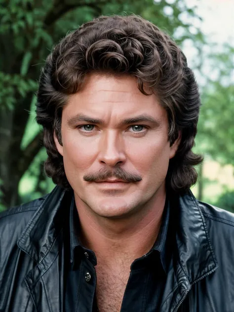 michaelknight close portrait photo of a man wearing black leather jacket, hilarious mustache, romantic, high quality, high resolution, nice bokeh, professional photography <lora:hjmichaelknight_v10:0.8>