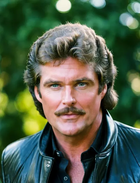 michaelknight close portrait photo of a man wearing black leather jacket, hilarious mustache, romantic, high quality, high resolution, nice bokeh, professional photography <lora:hjmichaelknight_v10xl:0.8>