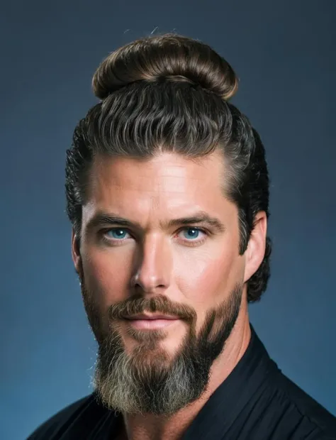 michaelknight portrait photo of a man with a hipster beard and samurai bun haircut, high quality, high resolution, professional photography <lora:hjmichaelknight_v10xl:0.8>