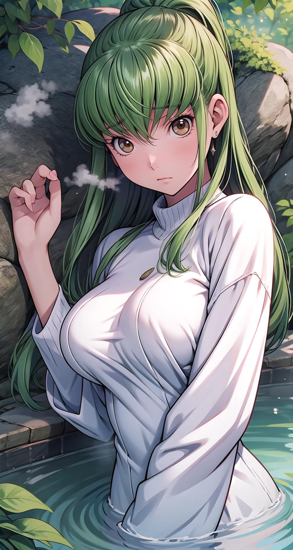 (masterpiece),(intricate details),1girl,mature female,pale skin,huge breasts:1.49,frustrated _face,
BREAK
codegeasscc, <lora:cctest:1>, cc, (brown eyes:1.5), green hair, long hair, straight hair, BREAK straitjacket, (white straitjacket:1.5), wide sleeves|,
((lying on the A secluded hot spring nestled amidst a forest offers a sanctuary of relaxation, as steam rises from the warm waters, providing a soothing retreat from the world.)),((upper body,portrait)),from above:1.2,depth of field,looking at viewer
BREAK
sunset,dusk,((cumulonimbus)),