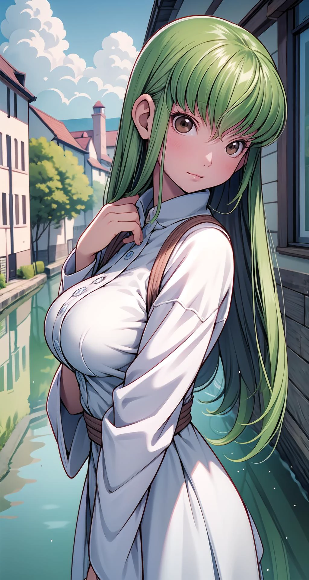 (masterpiece),(intricate details),1girl,mature female,pale skin,huge breasts:1.49,charmed _face,
BREAK
codegeasscc, <lora:cctest:1>, cc, (brown eyes:1.5), green hair, long hair, straight hair, BREAK straitjacket, (white straitjacket:1.5), wide sleeves|,
((standing on the A tranquil canal winds through a charming old town, its picturesque bridges, and pastel-colored houses reflecting in the shimmering waters, creating a scene of timeless beauty.)),((upper body,portrait)),from above:1.1,depth of field,looking at viewer
BREAK
day,sun,raining,rainbow,((cumulonimbus)),
