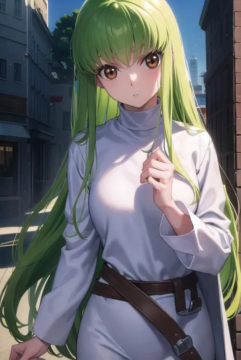 codegeasscc, <lora:codegeasscc-lora-nochekaiser:1>, 
cc, (brown eyes:1.5), green hair, long hair, straight hair,
BREAK straitjacket, (white straitjacket:1.5), wide sleeves, belt, black belt,
BREAK outdoors, city,
BREAK looking at viewer, (cowboy shot:1.5),
BREAK <lyco:GoodHands-beta2:1>, (masterpiece:1.2), best quality, high resolution, unity 8k wallpaper, (illustration:0.8), (beautiful detailed eyes:1.6), extremely detailed face, perfect lighting, extremely detailed CG, (perfect hands, perfect anatomy),