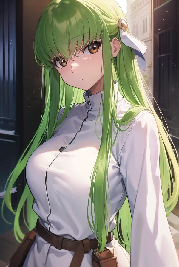 codegeasscc, <lora:codegeasscc-lora-nochekaiser:1>,
cc, (brown eyes:1.5), green hair, long hair, straight hair,
BREAK straitjacket, (white straitjacket:1.5), wide sleeves, belt, black belt,
BREAK outdoors, city,
BREAK looking at viewer, (cowboy shot:1.5),
BREAK <lyco:GoodHands-beta2:1>, (masterpiece:1.2), best quality, high resolution, unity 8k wallpaper, (illustration:0.8), (beautiful detailed eyes:1.6), extremely detailed face, perfect lighting, extremely detailed CG, (perfect hands, perfect anatomy),