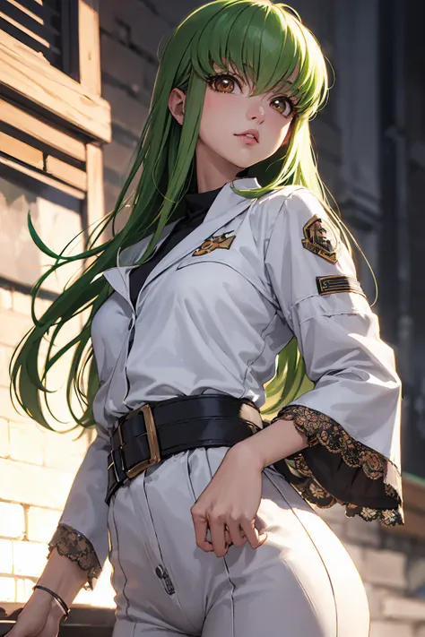 codegeasscc,cc,(brown eyes:1.5),green hair,long hair,straight hair BREAK straitjacket,(white straitjacket:1.5),wide sleeves,belt,black belt BREAK outdoors,city BREAK looking at viewer,(cowboy shot:1.5) BREAK (masterpiece:1.2),best quality,high resolution,unity 8k wallpaper,(illustration:0.8),(beautiful detailed eyes:1.6),extremely detailed face,perfect lighting,extremely detailed CG,(perfect hands, perfect anatomy),<lora:codegeasscc-lora-nochekaiser:1>,
