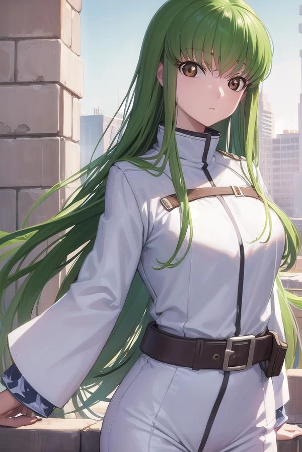 codegeasscc, <lora:codegeasscc-lora-nochekaiser:1>,
cc, (brown eyes:1.5), green hair, long hair, straight hair,
BREAK straitjacket, (white straitjacket:1.5), wide sleeves, belt, black belt,
BREAK outdoors, city,
BREAK looking at viewer, (cowboy shot:1.5),
BREAK <lyco:GoodHands-beta2:1>, (masterpiece:1.2), best quality, high resolution, unity 8k wallpaper, (illustration:0.8), (beautiful detailed eyes:1.6), extremely detailed face, perfect lighting, extremely detailed CG, (perfect hands, perfect anatomy),