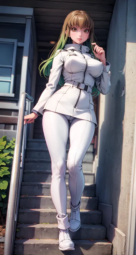 photorealistic:1.49,film grain:1.49,  (masterpiece),(intricate details),1girl,mature female,huge breasts:1.5
BREAK 
codegeasscc, <lora:cctest:1>, cc, (brown eyes:1.5), green hair, long hair, straight hair, BREAK straitjacket, (white straitjacket:1.5), wide sleev
BREAK
snowy day,((cumulonimbus)),
((walking on the stairs)),((full body)),smile,
from below:1.4,depth of field,looking at viewer