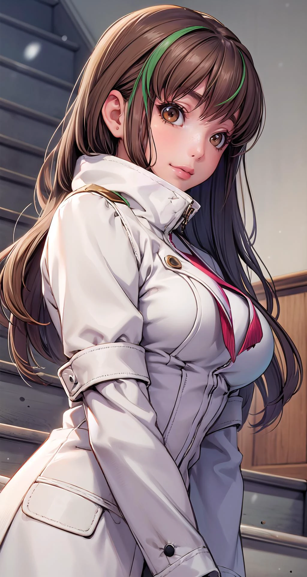 photorealistic:1.49,film grain:1.49, (masterpiece),(intricate details),1girl,mature female,large breasts:1.5
BREAK
codegeasscc, <lora:cctest:0.7>, cc, (brown eyes:1.5), green hair, long hair, straight hair, BREAK straitjacket, (white straitjacket:1.5), wide sleev
BREAK
snowy day,((cumulonimbus)),
((reclining on the stairs)),((upper body)),smile,
from below:1.3,depth of field,looking at viewer