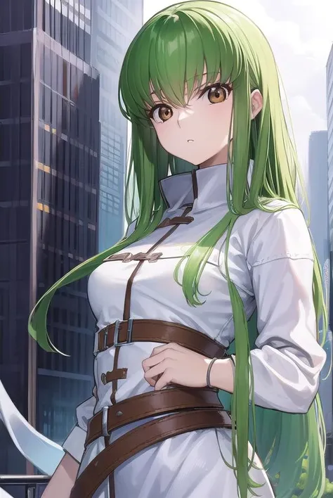 codegeasscc, <lora:codegeasscc-lora-nochekaiser:1>,
cc, (brown eyes:1.5), green hair, long hair, straight hair,
BREAK straitjacket, (white straitjacket:1.5), wide sleeves, belt, black belt,
BREAK outdoors, city,
BREAK looking at viewer, (cowboy shot:1.5),
BREAK <lyco:GoodHands-beta2:1>, (masterpiece:1.2), best quality, high resolution, unity 8k wallpaper, (illustration:0.8), (beautiful detailed eyes:1.6), extremely detailed face, perfect lighting, extremely detailed CG, (perfect hands, perfect anatomy),
