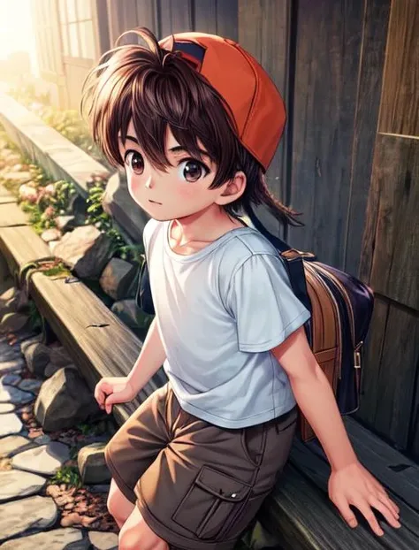 best quality, masterpiece, highres, detailed, digital artwork, <lora:Detail - add_detail:0.2>, GenkiSakura, 1boy, shirt, long shorts, male child, backwards hat, <lora:GenkiSakura-10:0.8>, brown hair, brown eyes,