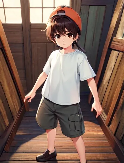 best quality, masterpiece, highres, detailed, digital artwork, <lora:Detail - add_detail:0.2>, GenkiSakura, 1boy, shirt, long shorts, male child, backwards hat,  <lora:GenkiSakura-10:0.8>, brown hair, brown eyes, monster,