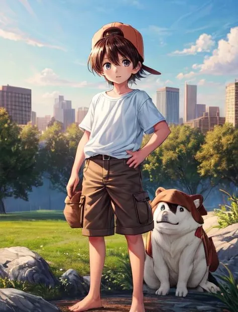 best quality, masterpiece, highres, detailed, digital artwork, <lora:Detail - add_detail:0.2>, GenkiSakura, 1boy, shirt, long shorts, male child, backwards hat, <lora:GenkiSakura-10:0.8>, brown hair, brown eyes, monster,