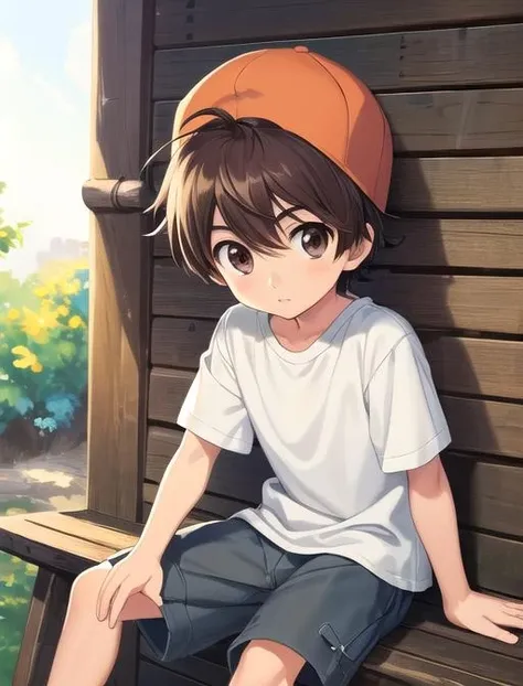 best quality, masterpiece, highres, detailed, digital artwork, <lora:Detail - add_detail:0.2>, GenkiSakura, 1boy, shirt, long shorts, male child, backwards hat,  <lora:GenkiSakura-10:0.8>, brown hair, brown eyes,